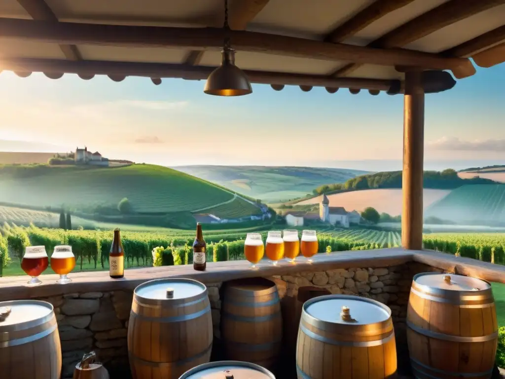 Artesanos franceses creando cervezas artesanales únicas secretos en bodega rústica al atardecer