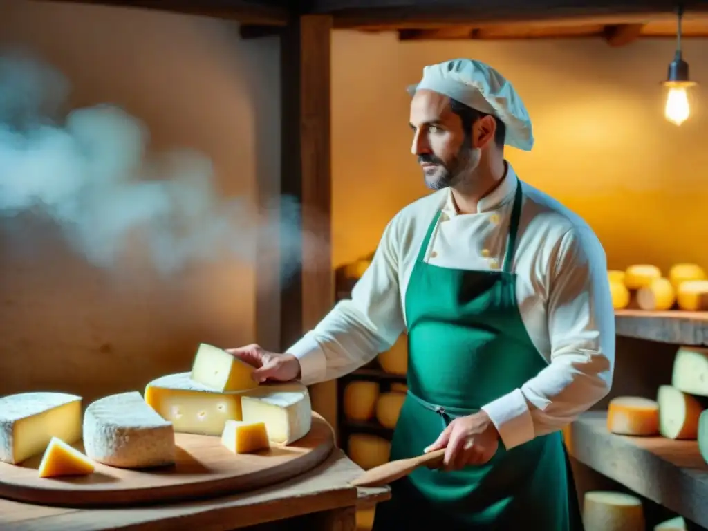 Artesanos franceses en una granja elaborando queso, envejeciéndolo en bodega rústica