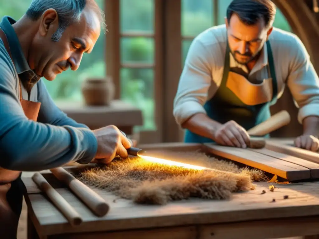 Artesanos franceses crean muebles con técnicas ancestrales sostenibles en un taller rústico lleno de herramientas y calidez