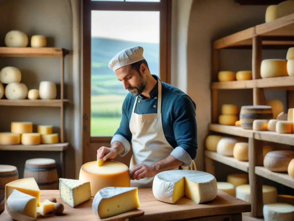 Artesanos franceses elaborando queso en taller tradicional