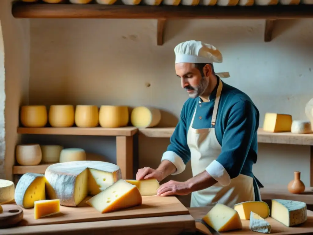 Artesanos franceses en taller histórico elaborando quesos tradicionales, ambiente de dedicación