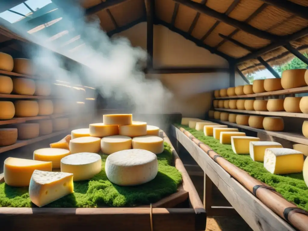 Artesanos elaborando queso en una granja francesa tradicional, resaltando la sostenibilidad en la elaboración artesanal