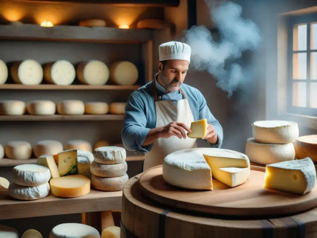 Artesanos en taller histórico elaborando queso francés, fusionando tradición y técnica en la evolución culinaria