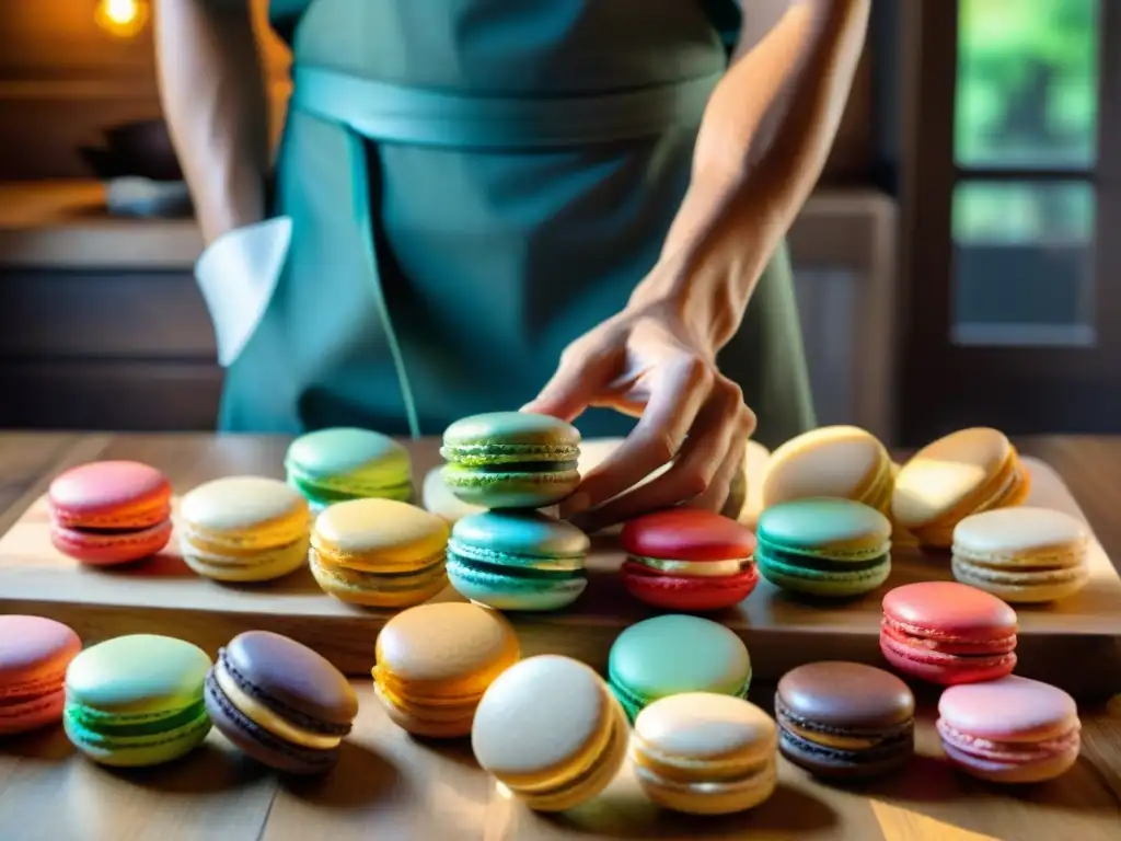 Un artista culinario francés arregla macarons en mesa rústica con luz suave, mostrando la precisión de la gastronomía francesa