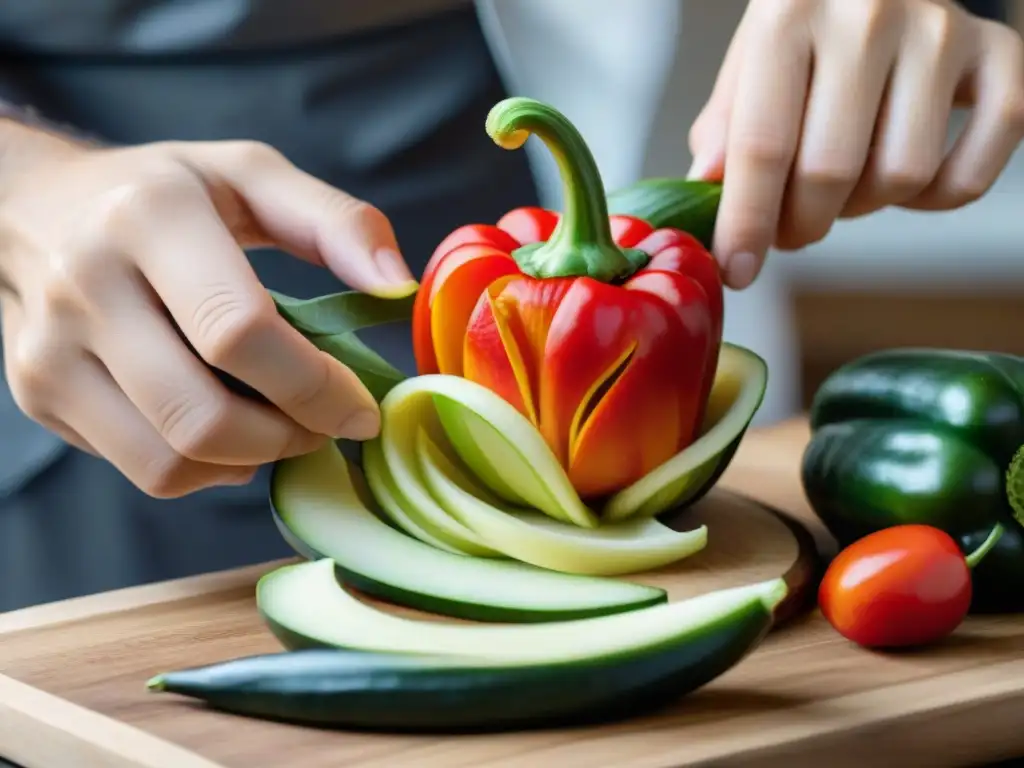 Un artista culinario francés tallando una rosa detallada en un pimiento rojo, mostrando técnicas avanzadas de tallado de vegetales