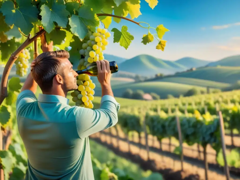 Un artista experto pinta con delicadeza un viñedo en un lienzo, mostrando la conexión entre arte y vinos blancos franceses