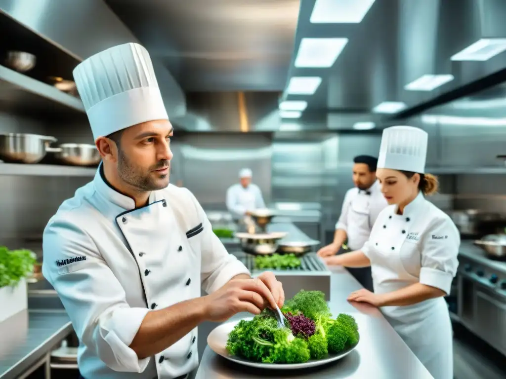 Aspirantes en aula moderna de escuela culinaria francesa aprenden técnicas modernas cocina francesa