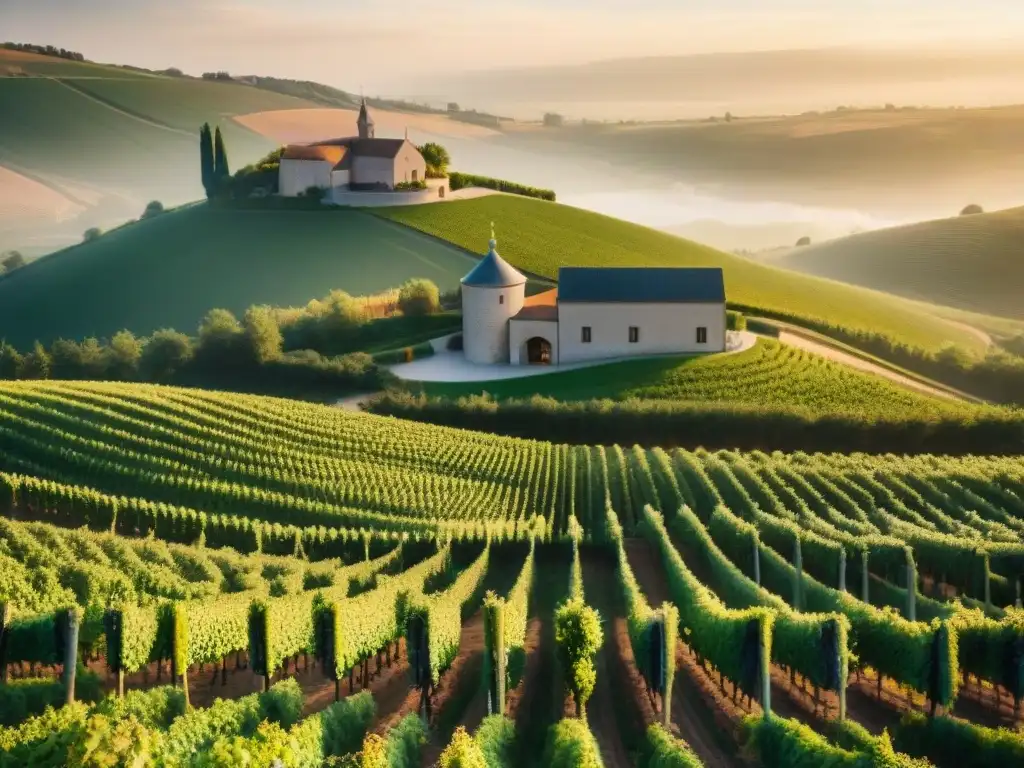 Atardecer en bodega vanguardista en Champagne, donde la tradición y la innovación se unen en la producción de vinos blancos franceses innovadores