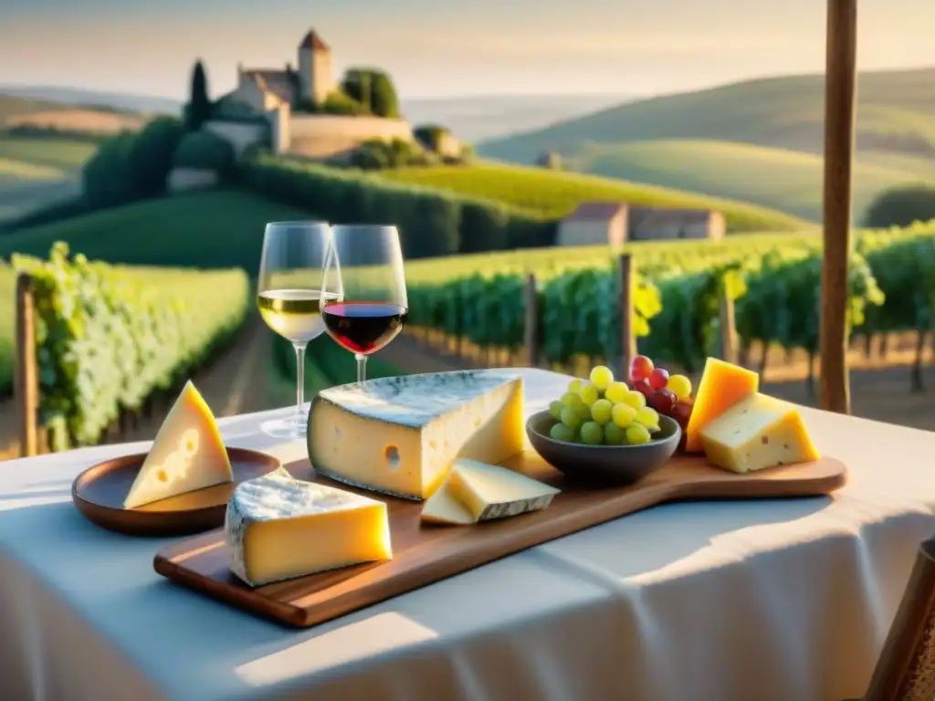 Un atardecer cálido en el campo francés con vinos y quesos, maridaje vinos y quesos franceses