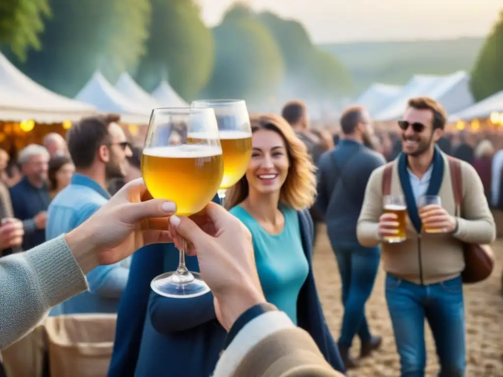 Atardecer dorado en un animado festival de sidra en Francia, con brindis alegres entre árboles frutales en flor