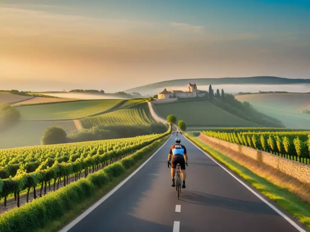 Un atardecer dorado ilumina un camino francés bordeado de viñedos, donde ciclistas disfrutan de una ruta gastronómica