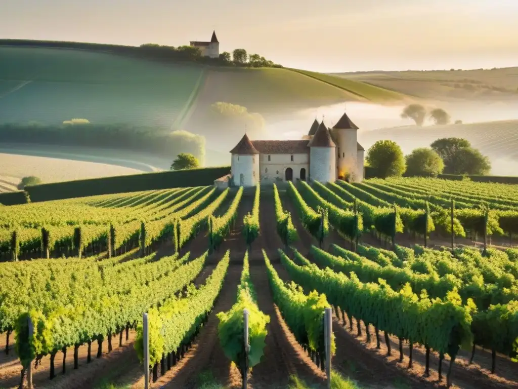 Un atardecer dorado ilumina las cooperativas vinícolas en Francia, con viñedos verdes y un chateau pintoresco al fondo