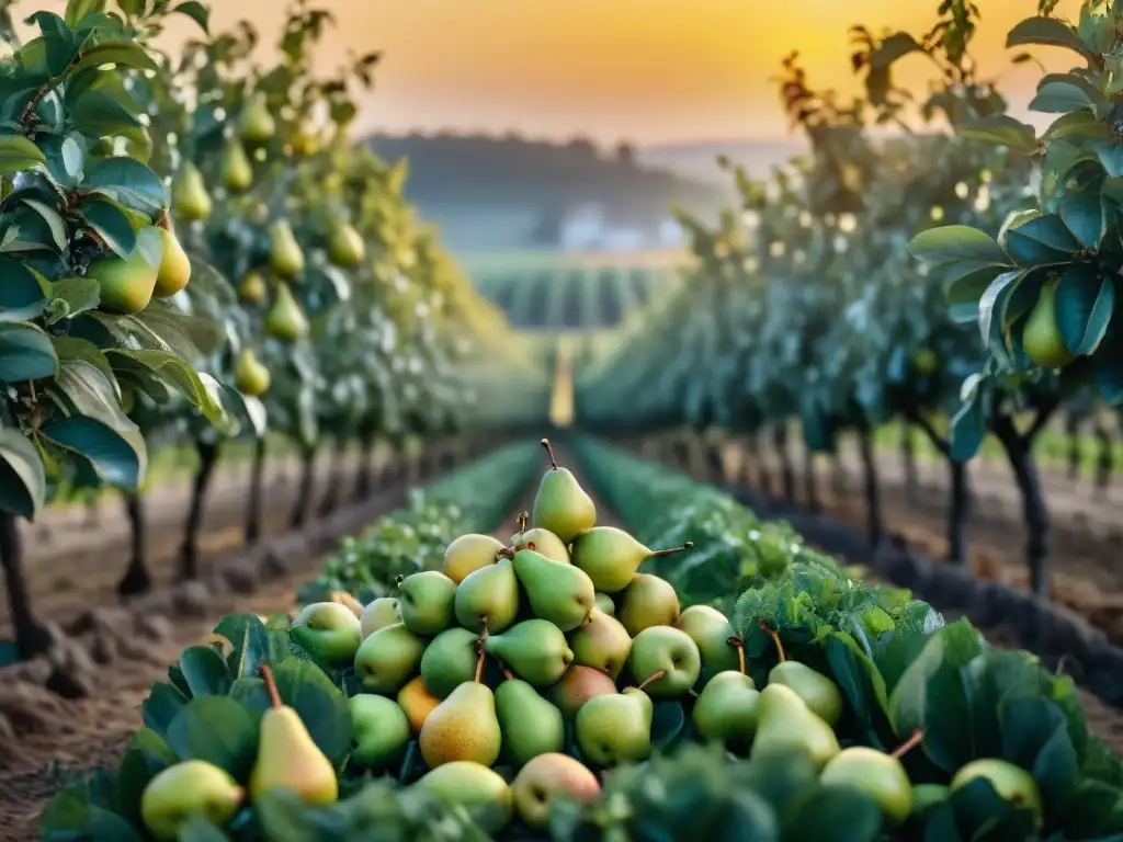 Un atardecer dorado ilumina un exuberante huerto de peras en Anjou, Francia, resaltando las frutas icónicas de la gastronomía francesa