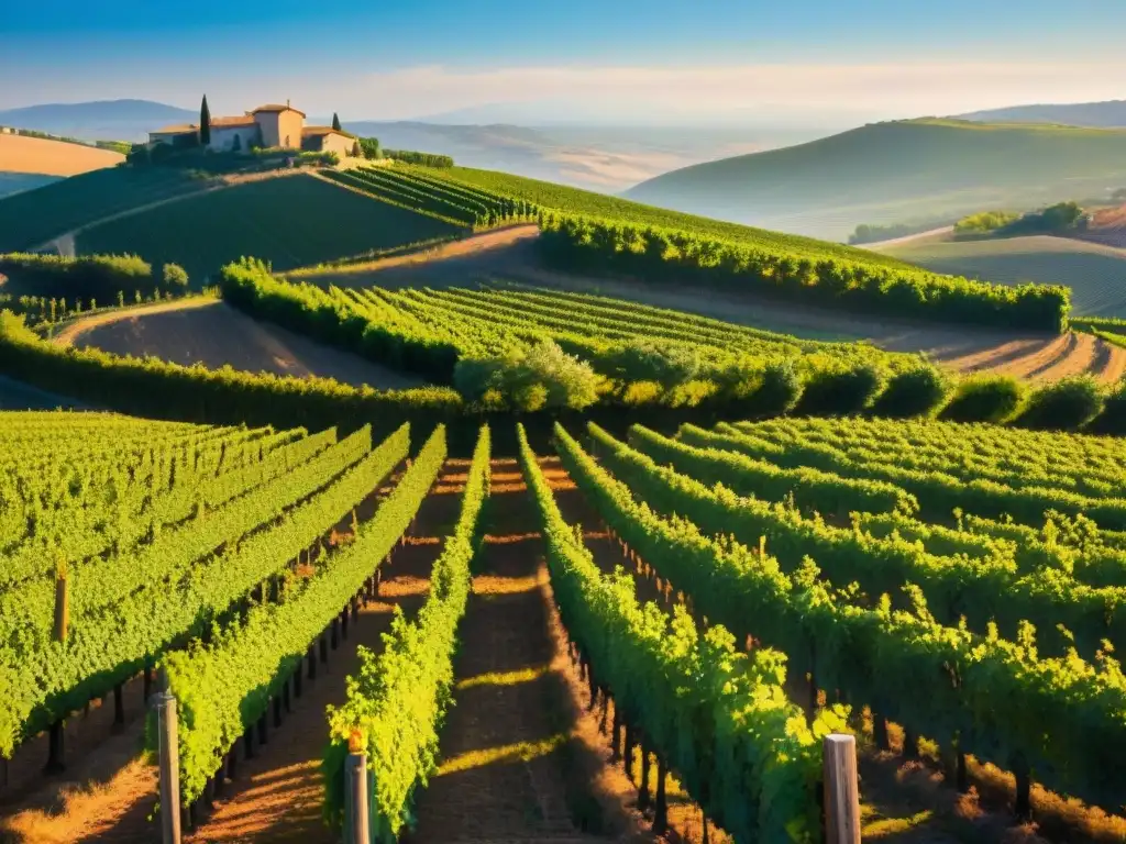 Un atardecer dorado ilumina un hermoso viñedo en Provenza, con vides y colinas al fondo