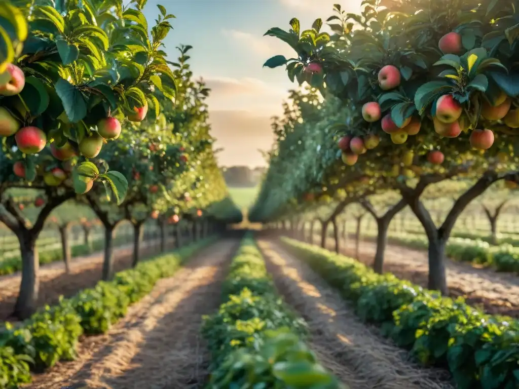 Atardecer dorado en huerto de manzanas en Normandía, con árboles cargados de manzanas rojas y verdes, y una granja de piedra rústica al fondo