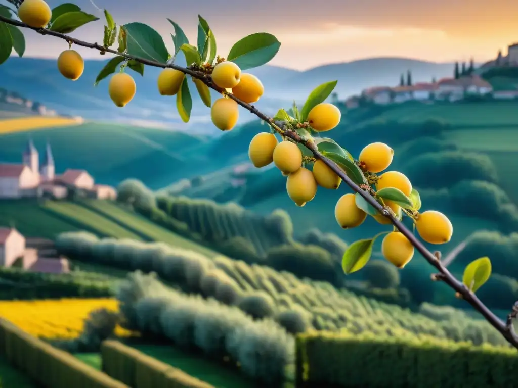 Un atardecer dorado ilumina un huerto de Mirabelles de Lorraine auténticas delicias en plena floración