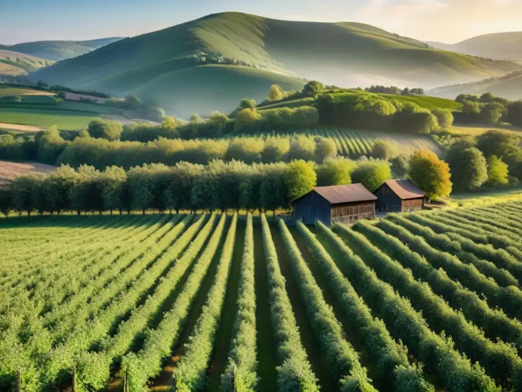 Atardecer dorado sobre huertos de manzanos en Francia