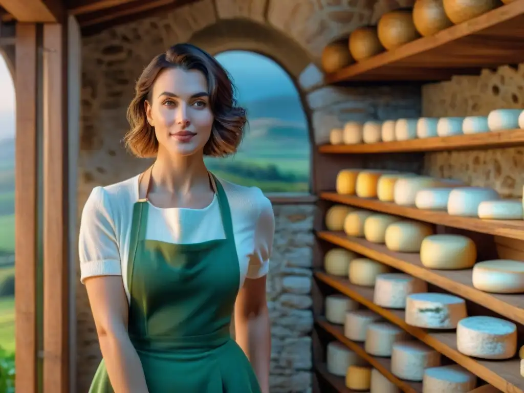 Un atardecer dorado ilumina una idílica campiña de Lorraine con granjas y una bodega de quesos tradicionales
