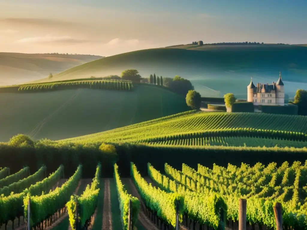 Un atardecer dorado ilumina la majestuosa casa de champagne en la región francesa, destacando la importancia del Champagne en Francia