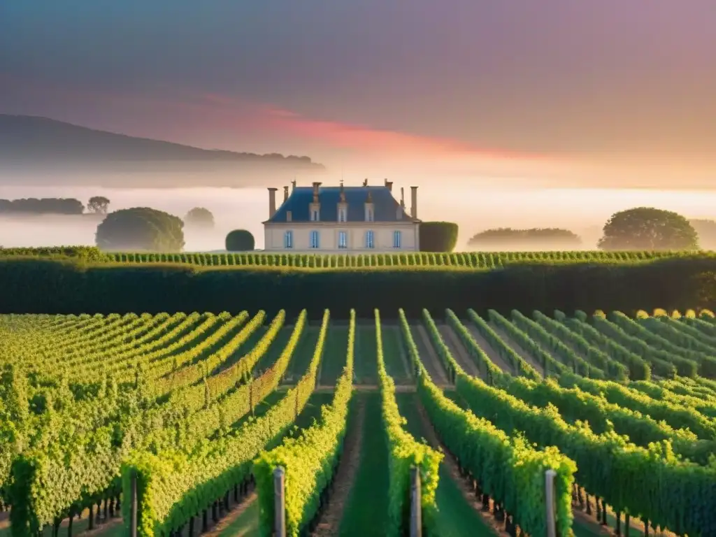 Un atardecer dorado en la majestuosa viña de Château Margaux, con el castillo histórico de fondo