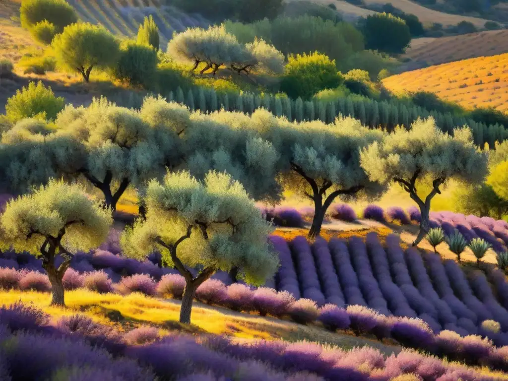 Atardecer dorado en olivar de Provenza, siluetas de árboles de aceitunas en cielo naranja, rosa y morado