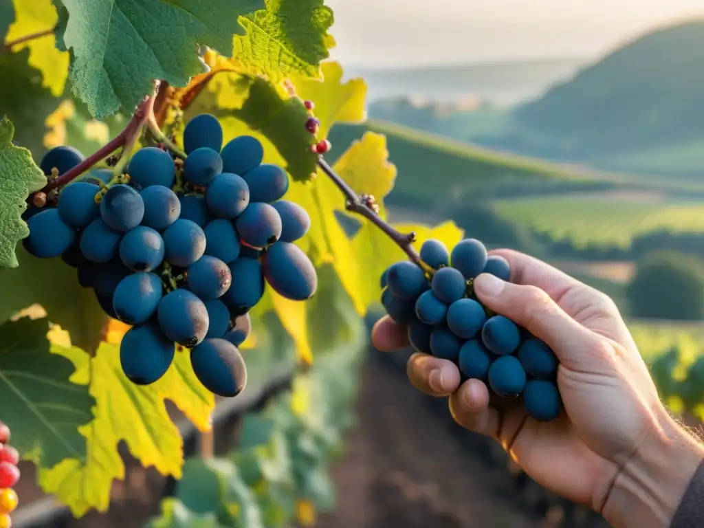 Un atardecer dorado ilumina vendimia manual de uvas Pinot Noir en Borgoña, Francia