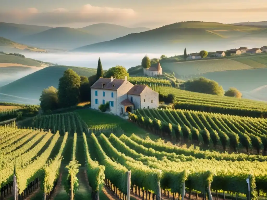 Atardecer dorado en viñedo de Jura, Francia