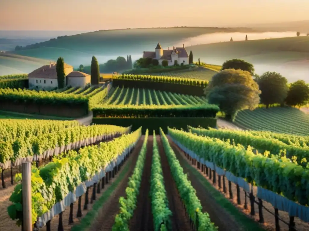 Un atardecer dorado ilumina un viñedo biodinámico en la campiña francesa con un château elegante al fondo