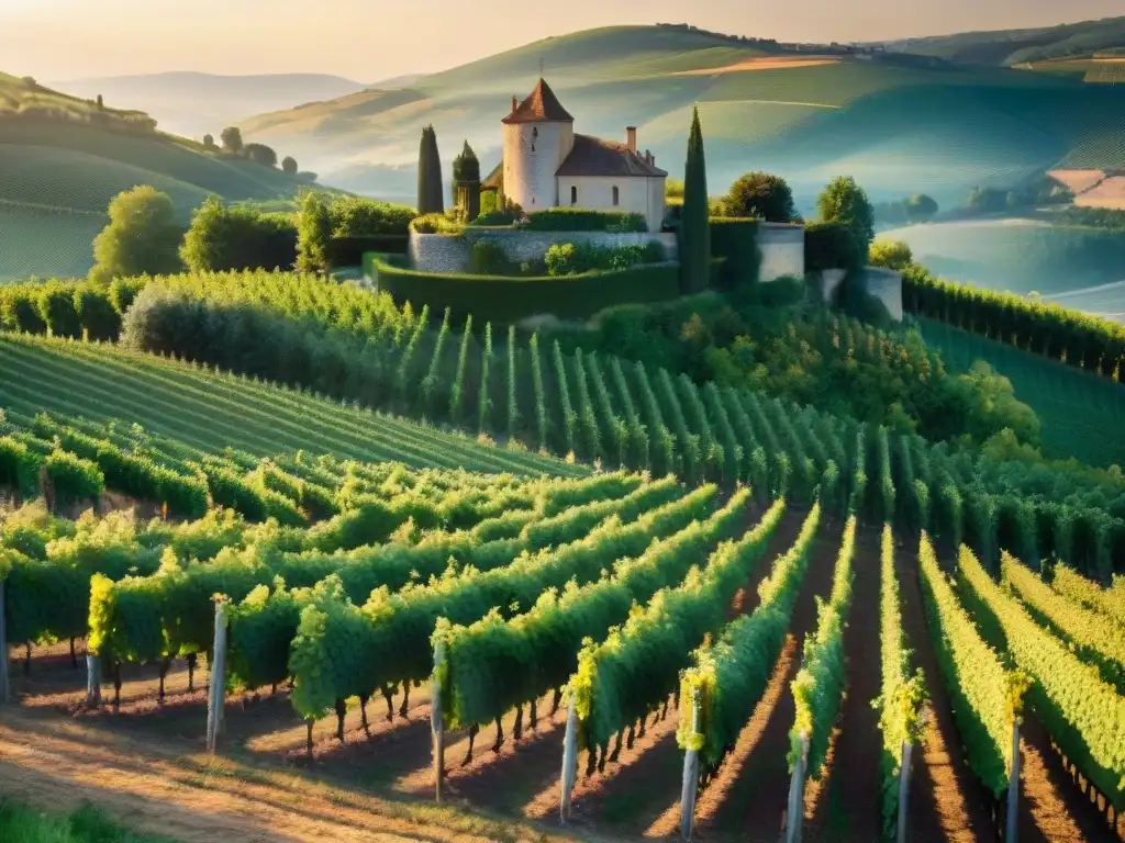 Un atardecer dorado en un viñedo campestre francés, con vides frondosas y uvas maduras, y un château elegante entre colinas