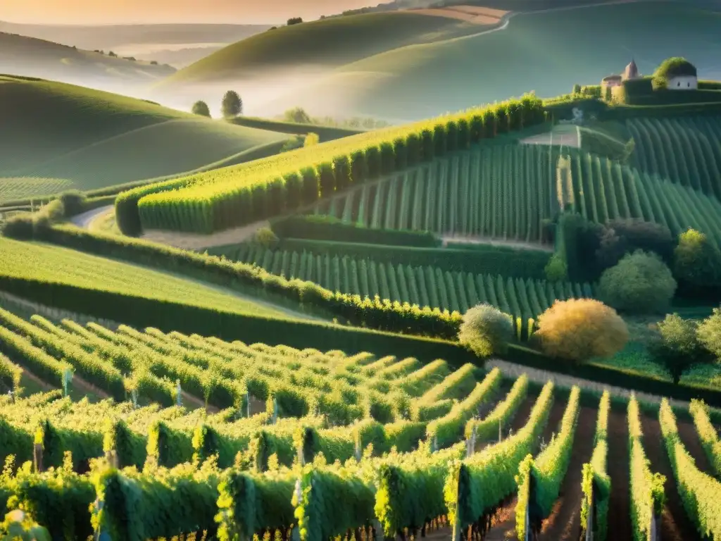 Atardecer dorado en viñedo de Champagne, trabajadores cuidan viñas