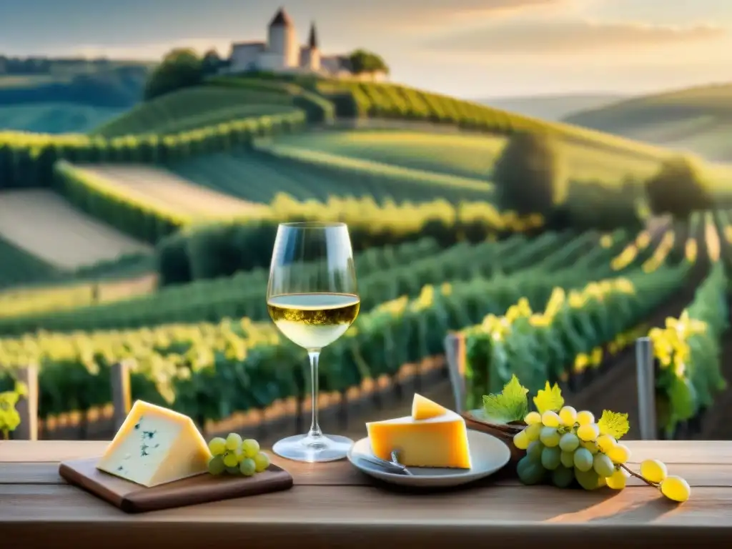 Un atardecer dorado en un viñedo de Francia, donde un sumiller vierte vino blanco