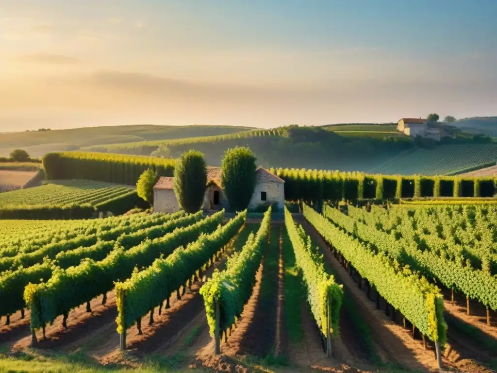 Atardecer dorado en viñedo francés con trabajadores locales