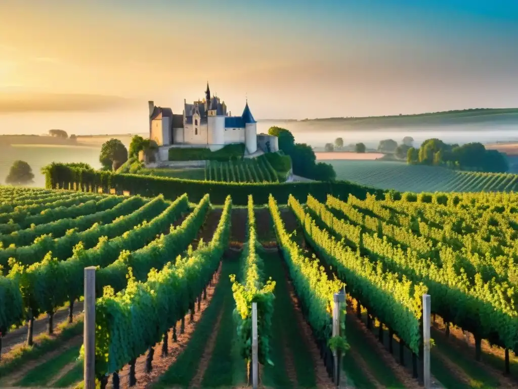 Atardecer dorado en viñedo del Valle del Loira, con château de piedra al fondo