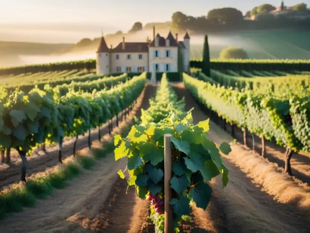 Un atardecer dorado en un viñedo, con vides verdes y un chateau francés