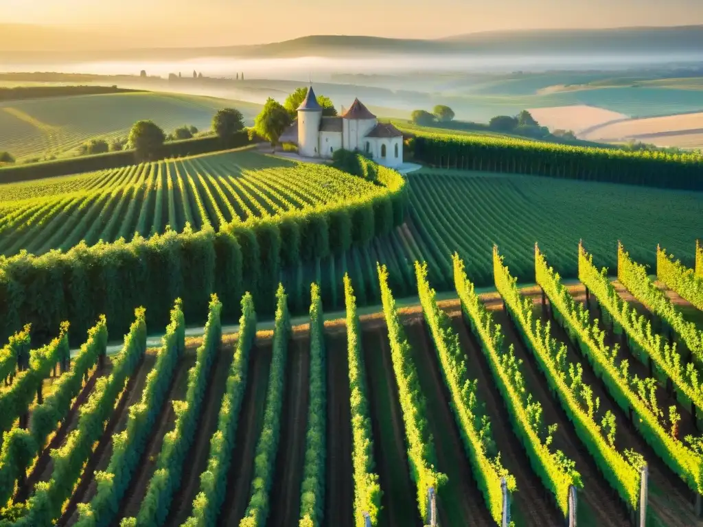 Atardecer dorado sobre viñedos de Burdeos, Francia