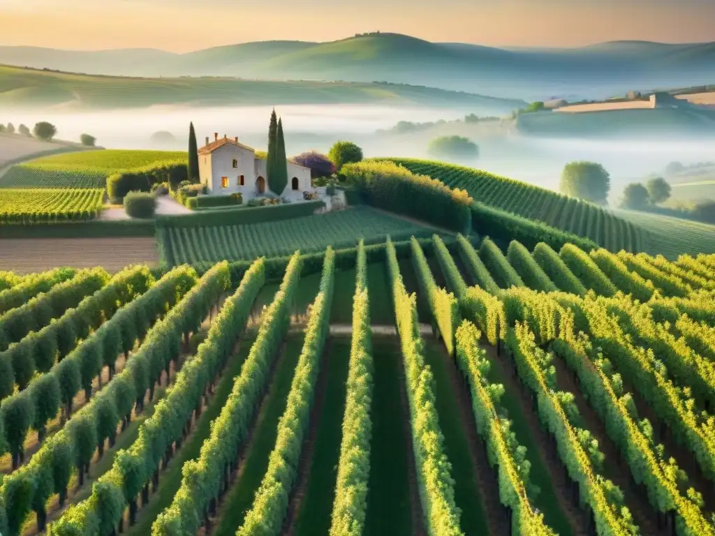 Un atardecer dorado ilumina viñedos y bodegas en la campiña francesa, revelando la geografía de sabores en Francia