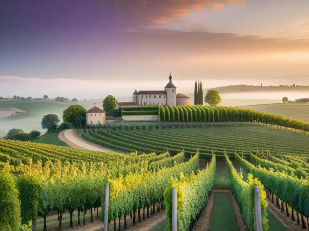 Atardecer dorado sobre viñedos de Bordeaux, con un chateau tradicional y colores vibrantes