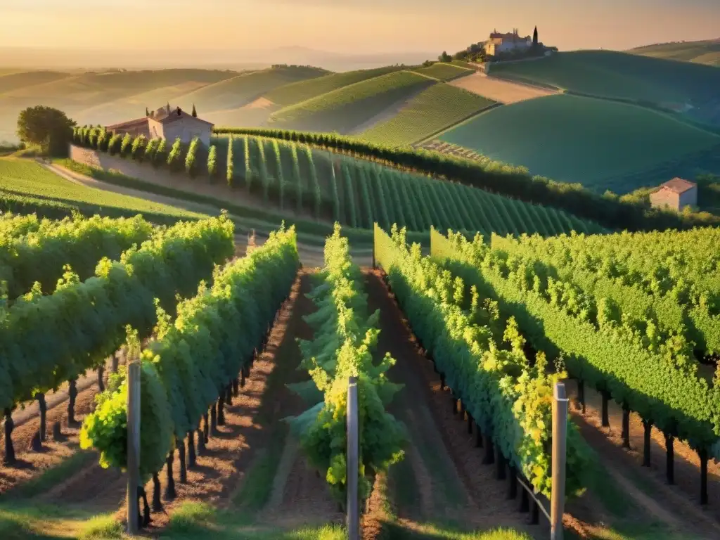 Un atardecer dorado sobre viñedos de Borgoña con viticultor y bodega histórica