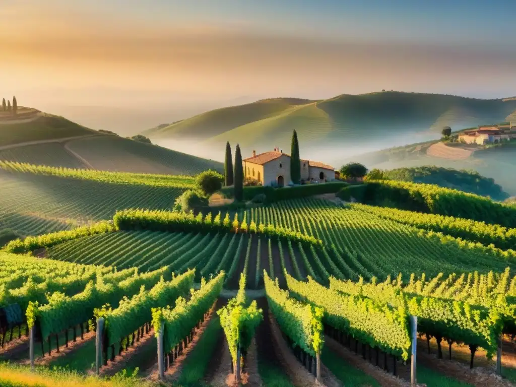 Un atardecer dorado en los viñedos de Borgoña, con filas de uvas y una casa de piedra al fondo