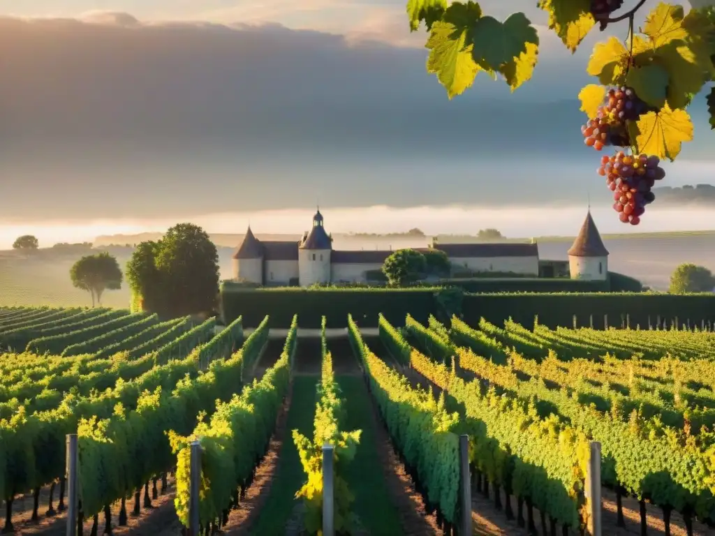 Un atardecer dorado sobre viñedos de Burdeos, con un château y un viticultor trabajando