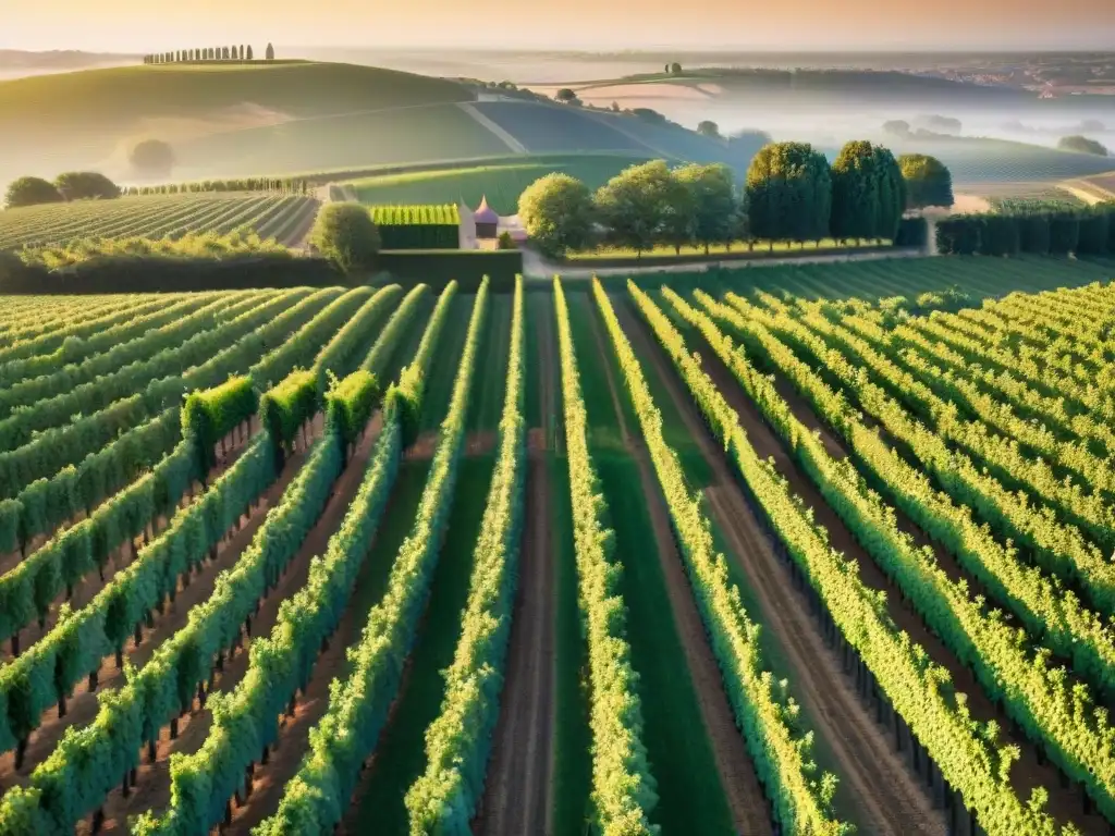 Viñedos de Bordeaux al atardecer: tradición y elegancia francesa Un atardecer dorado ilumina los viñedos de Burdeos, con châteaus franceses al fondo