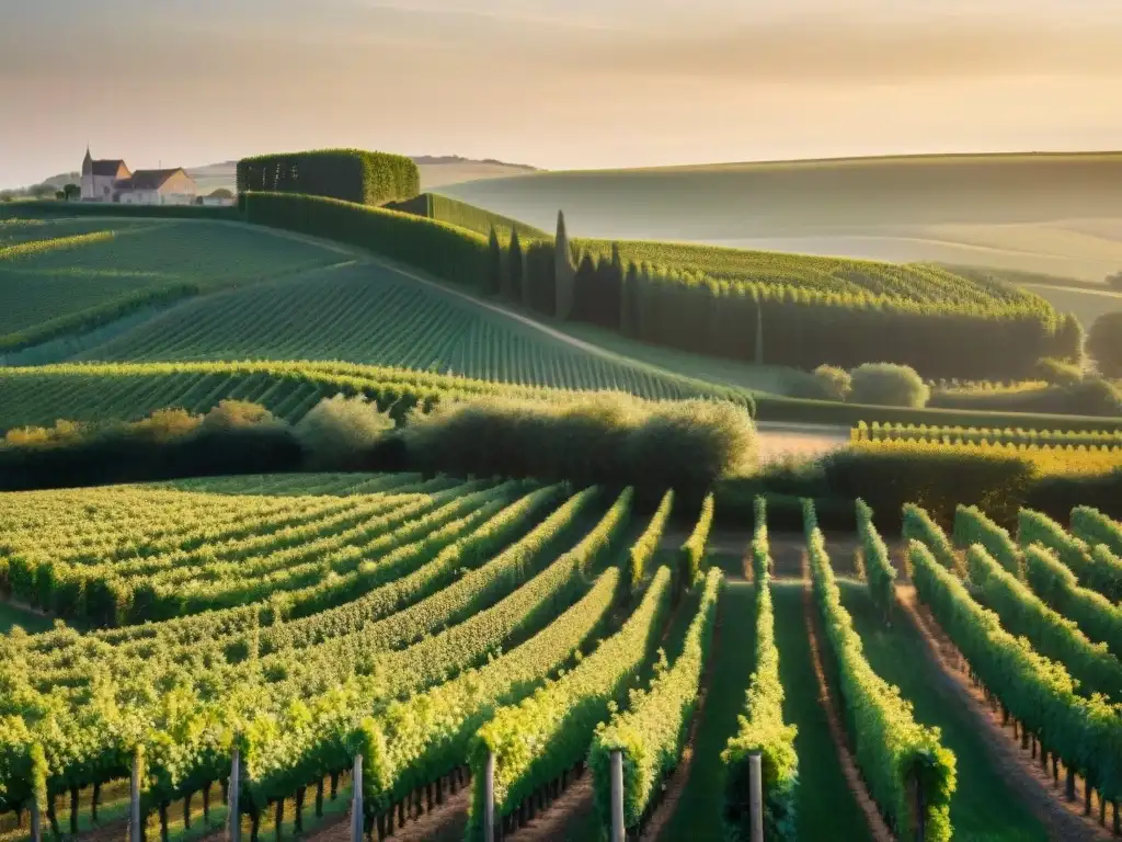 Un atardecer dorado ilumina los viñedos de la región de Champagne en Francia, donde vinicultores inspeccionan uvas