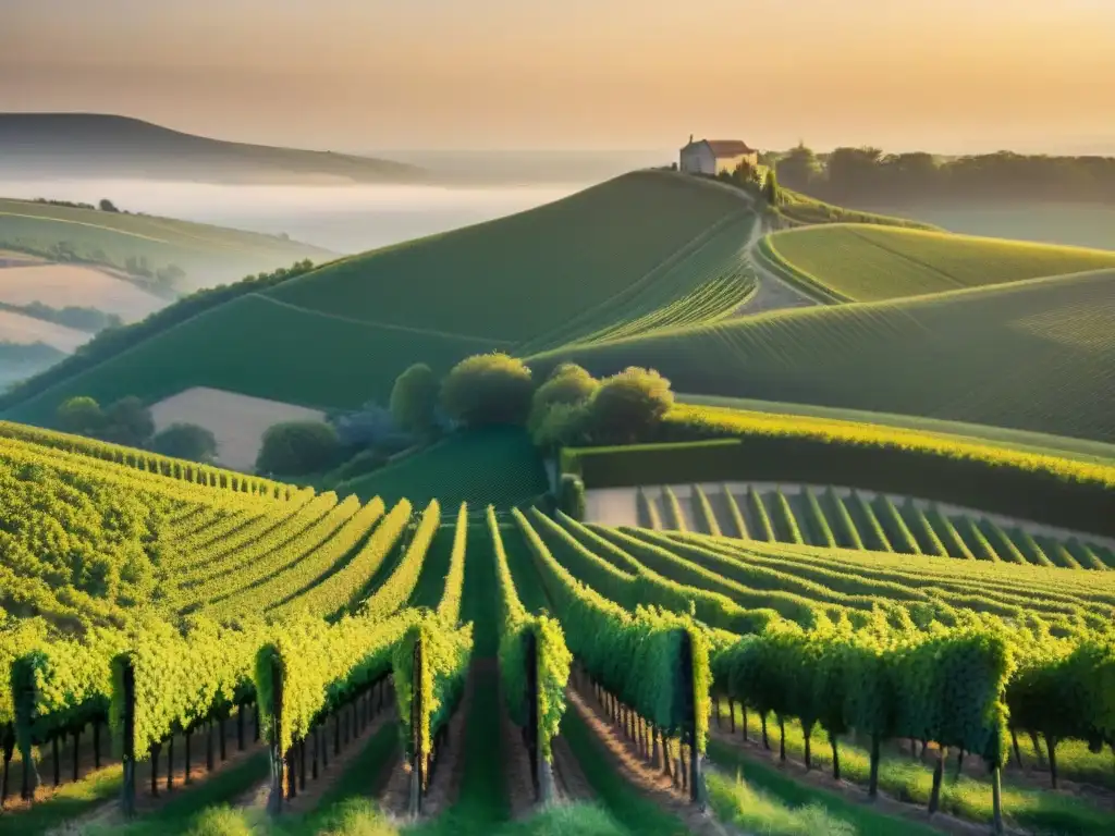 Atardecer dorado sobre los viñedos de la región de Champagne en Francia, con las casas históricas destacándose en la distancia