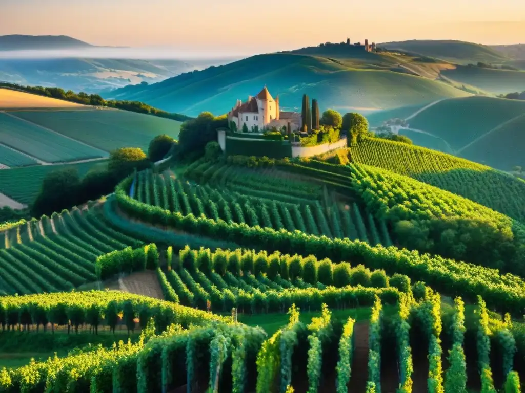 Atardecer dorado sobre viñedos en colinas de la campiña francesa con chateau histórico