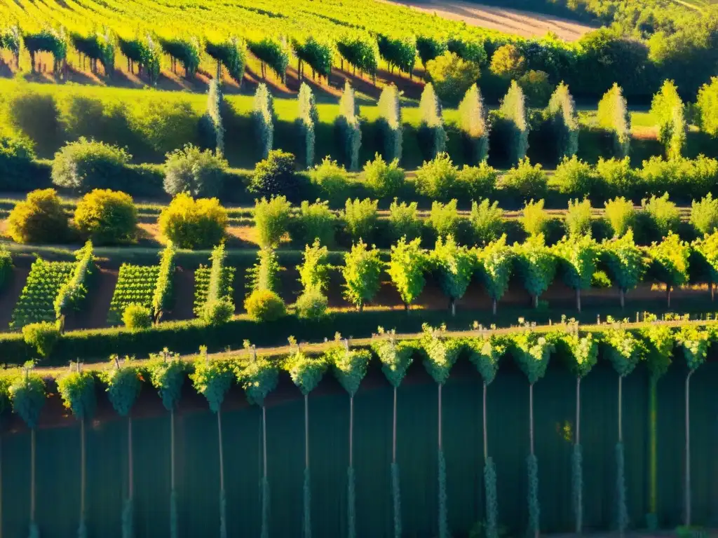 Un atardecer dorado sobre viñedos en colinas de Burdeos, Francia