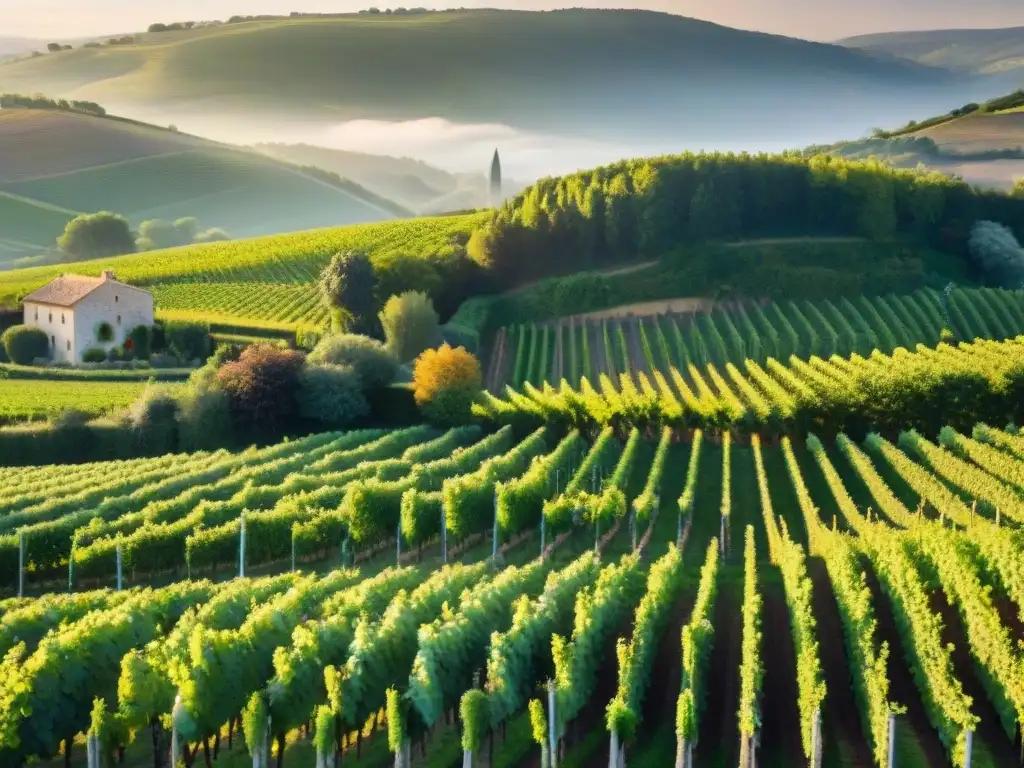 Un atardecer dorado sobre viñedos franceses, resaltando vinos orgánicos en la naturaleza