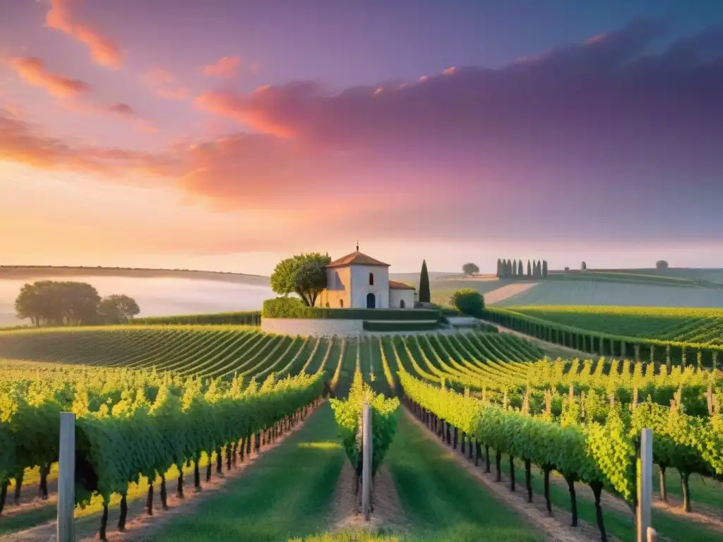 Atardecer dorado sobre viñedos de Pomerol, Francia, con el icónico château de Pétrus entre los viñedos