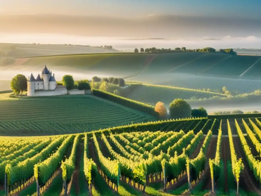 Atardecer dorado sobre los viñedos de la región vinícola prestigiosa de Francia, con colinas verdes y un castillo francés