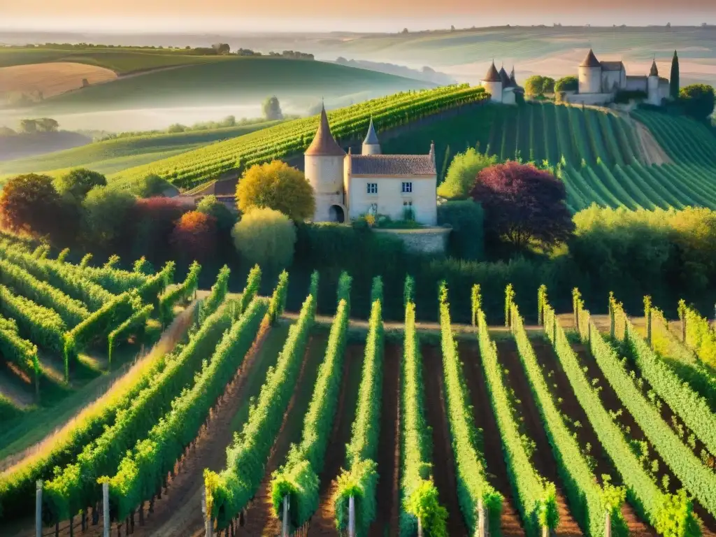 Un atardecer dorado ilumina los viñedos de Burdeos, Francia, reflejando la rica tradición de la industria del vino francés