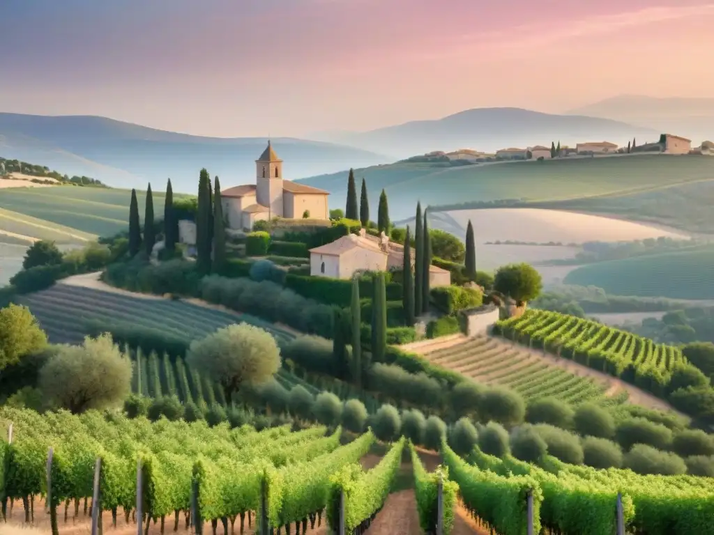 Un atardecer dorado sobre los viñedos de la Ruta del Rosé en Provenza, con un encantador pueblo medieval al fondo